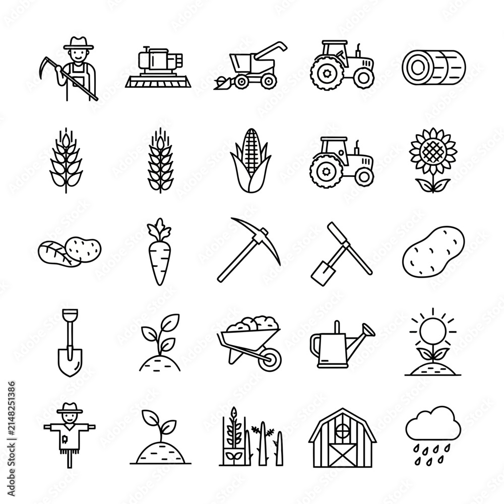 Fototapeta premium Farming Icons: Agriculture, Harvest, Tractor, Farmer, Crops, Tools, Barn