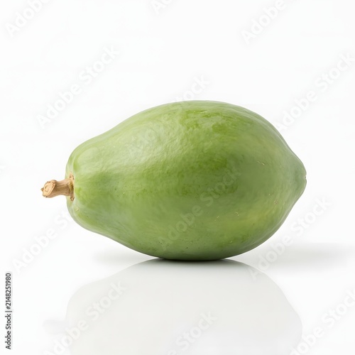 Whole unripe green papaya with stem on transparent background