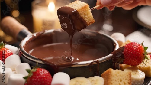 Hand dipping cake into rich chocolate fondue with strawberries and marshmallows.