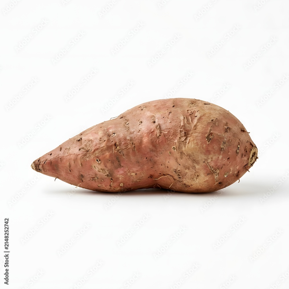 Obraz premium Whole raw sweet potato with natural skin texture on white background