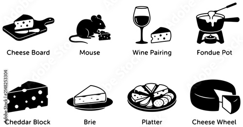 Cheese Icons Set: Fondue Pot, Wine Pairing, Cheese Board, Brie, Cheddar, Platter, Wheel, Mouse, Vector Graphics for Food and Drink