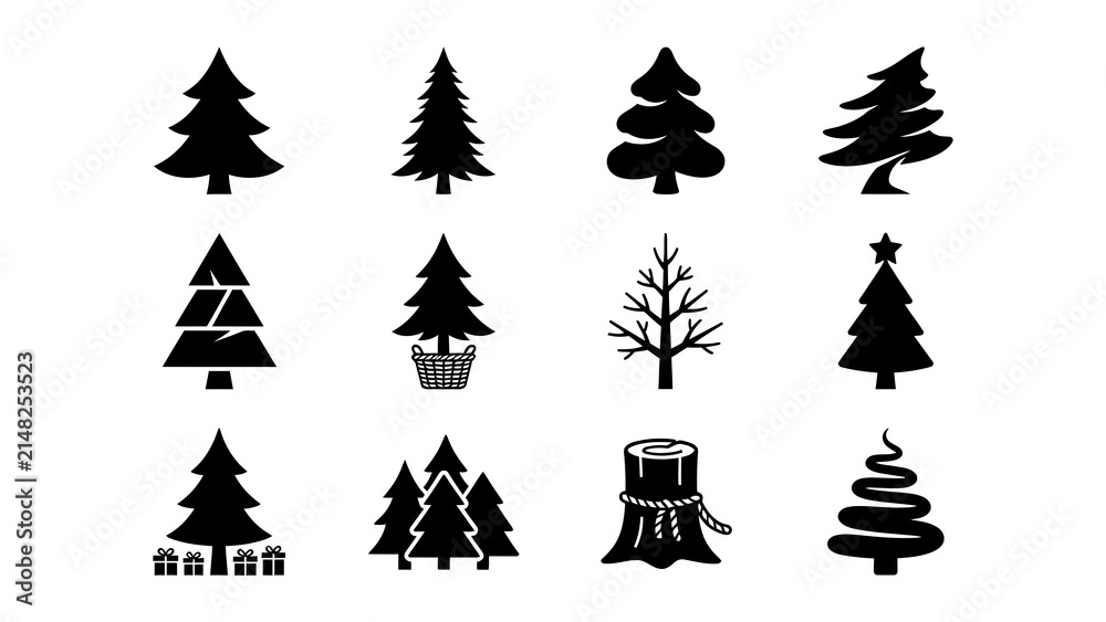 Fototapeta premium Black and white holiday christmas tree icons set