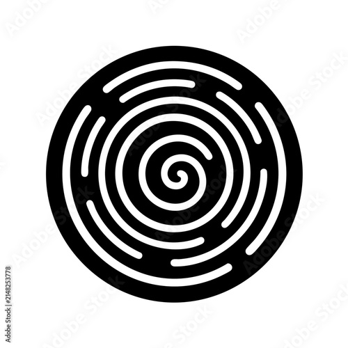 Black circular spiral pattern on white background