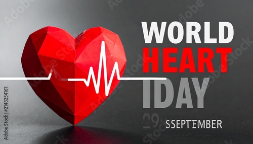 Geometric red heart with ECG line, World Heart Day poster.