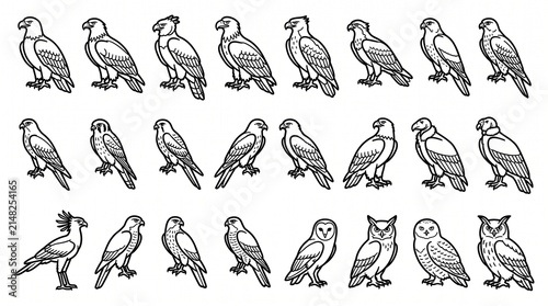 Konstfotografi Minimalist bird line art collection, set of 28 raptor and owl icons, black and w