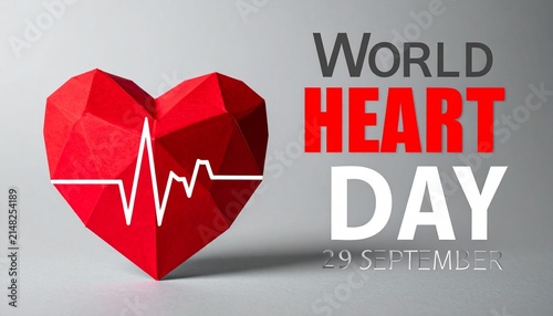 Geometric red heart with ECG line, World Heart Day poster.