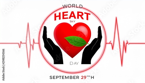 Hands holding red heart with leaf and ECG line, World Heart Day poster.