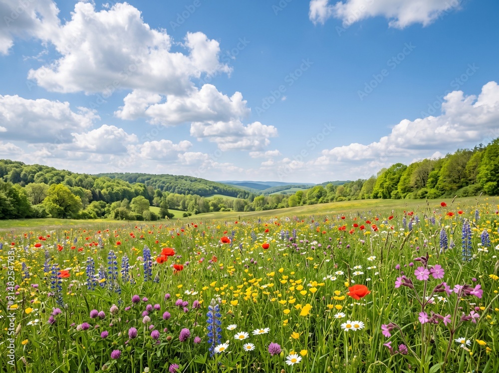 Obraz premium Vibrant summer meadow with blooming wildflowers under a blue sky with fluffy white clouds