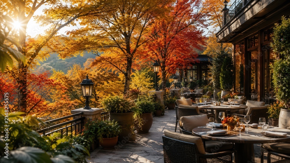 Obraz premium Elegant outdoor restaurant terrace surrounded by vibrant autumn foliage offering scenic dining experience at sunset
