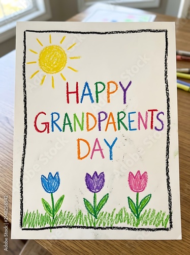 Handmade grandparents day greeting card with colorful crayon drawing of sun and flowers