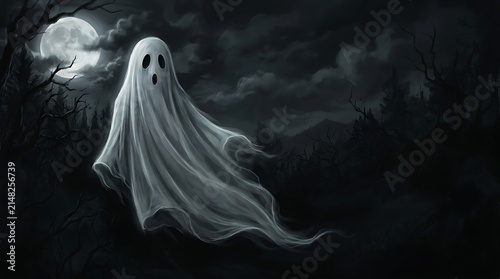 A spooky white ghost floating in a dark forest under a full moon perfect for a scary halloween background design