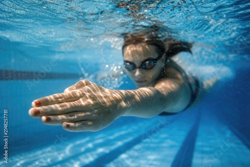 Young swimmer executing underwater dolphin kick with focused expression in clear blue pool, dynamic action shot for sports and fitness lifestyle concept