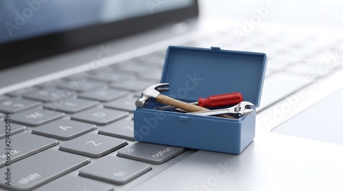 Miniature toolbox on laptop keyboard, Computer repair and IT support concept, Digital maintenance and technical service tools
