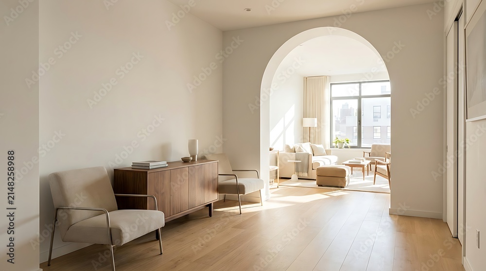 Fototapeta premium Bright and spacious minimalist living room with elegant archway leading to a sunlit lounge area, showcasing modern interior design and serene home comfort