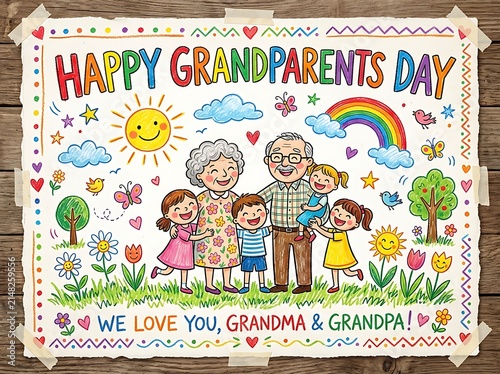 Happy grandparents day greeting card illustration with cute cartoon family