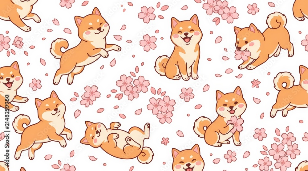 Obraz premium Adorable shiba inu dogs playfully surrounded by cherry blossom petals in a charming repeating pattern design