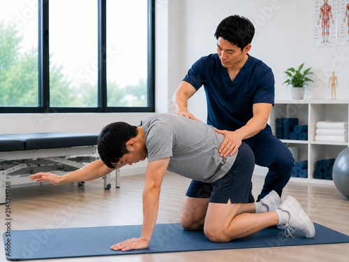 Physical therapist assisting bird dog exercise for lumbar stability and core strengthening