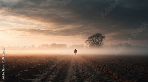 Lone Individual Strolling Through Foggy Meadow At Sunrise Highlighting The Serenity And Enigma Of The Natural World