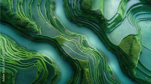 Stunning Aerial Perspective Of Vibrant Green Rice Terraces Mirroring In Calm Scenic Landscape