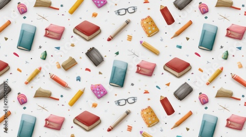 Vibrant Arrangement Of Educational Tools Featuring Books Pencils And Craft Materials Set Against A Clean White Backdrop