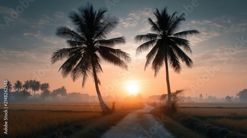 Peaceful Sunrise Illuminating Rice Fields Surrounded By Silhouetted Palm Trees And A Dusty Path In A Calm Landscape