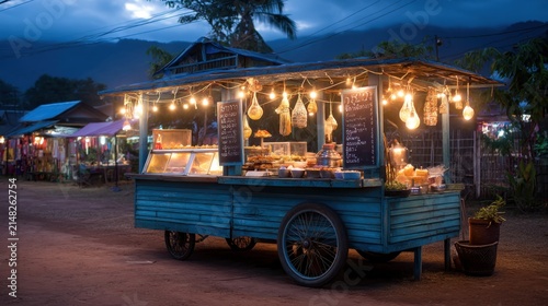 Enchanting Evening Market Stall Illuminated By Bright Lights Featuring Local Delicacies Beneath A Starlit Sky