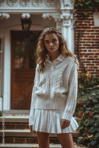 Elegant fashion portrait of a model wearing a white cable knit sweater and pleated tennis skirt in front of ornate doorway for editorial use