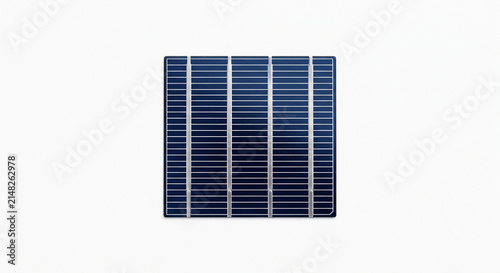 Extreme macro of a bare monocrystalline solar panel cell showing blue anti-reflective silicon and silver conductive busbars, isolated on white.