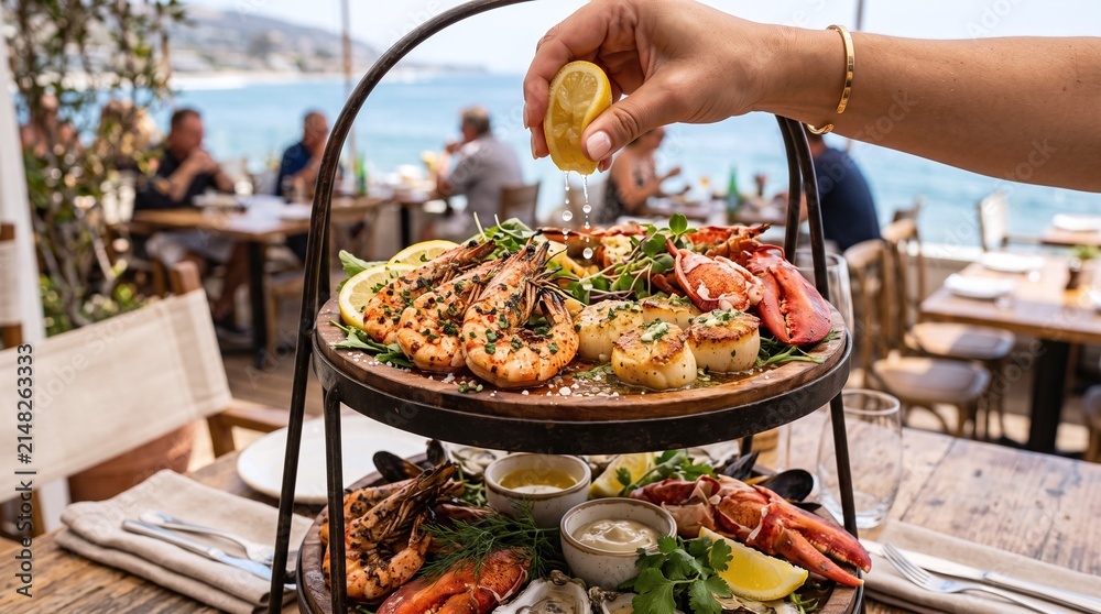 Obraz premium A hand squeezes a fresh lemon slice over a tiered platter of succulent grilled seafood while diners enjoy a sunny afternoon meal at a bustling coastal restaurant overlooking the sparkling ocean