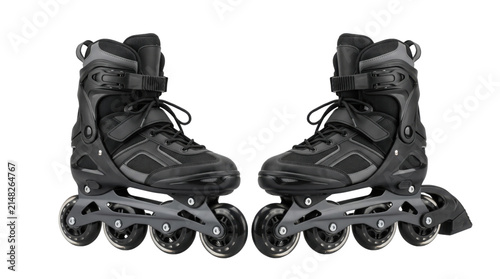 Professional black inline skates for fitness and recreation, pair of modern rollerblades with four wheels, athletic skating equipment on white background