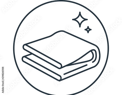 Minimal line art vector icon of a neatly folded towel inside a circle frame with sparkle symbols representing clean laundry and freshness