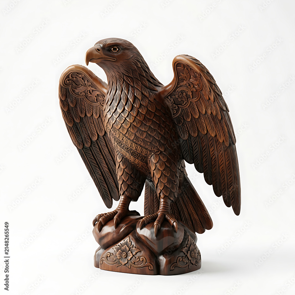 Fototapeta premium Handcrafted Intricate Wooden Eagle Statue with Detailed Feathers Isolated on White Background