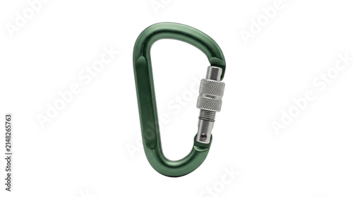Green metallic carabiner with screw lock gate, professional rock climbing equipment for safety, heavy duty aluminum snap hook on white background
