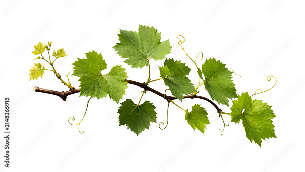 Obraz premium Fresh Green Grape Vine Branch with Leaves Isolated Transparent Background