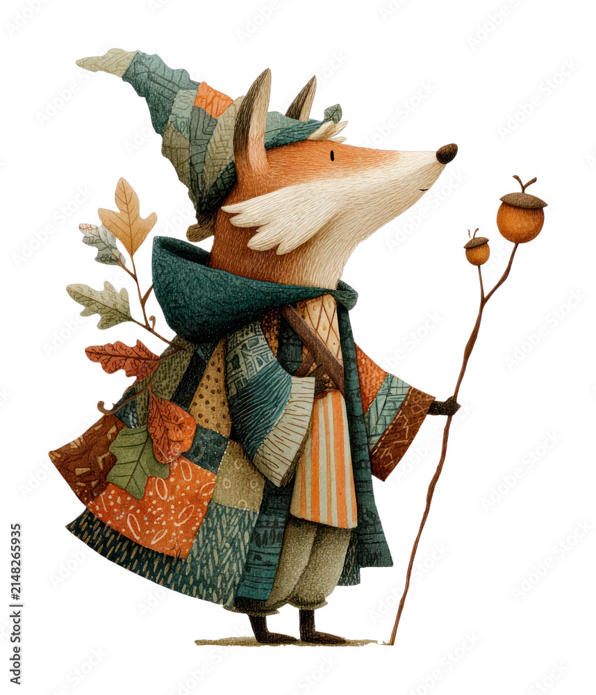 Obraz premium PNG Whimsical fox wizard in patchwork cloak with acorn staff.