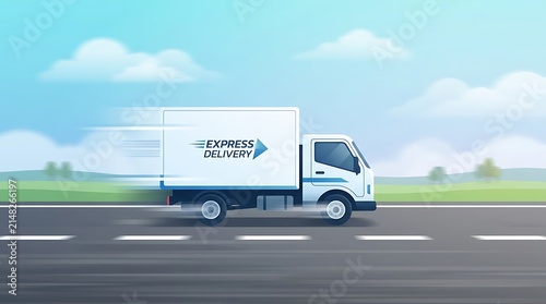 Fast white delivery truck driving on a road for express shipping and logistics service with a blue sky background