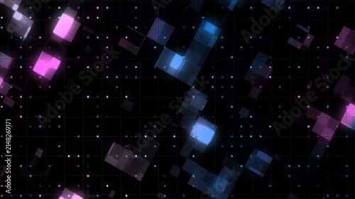 Abstract glowing neon squares moving on a dark dotted grid. Futuristic digital data network nodes blinking in cyberspace. Cyber technology connection server blocks floating rapidly through the matrix