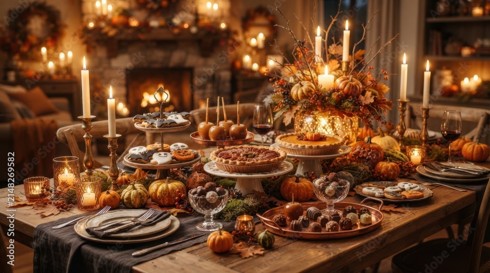 Fototapeta premium Cozy autumn table setting with festive Halloween treats and warm candlelight