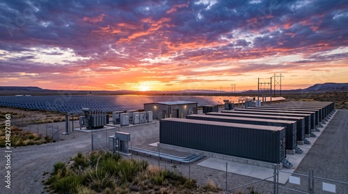 Battery Energy Storage System (BESS) container units installed next to a large solar farm in a desert landscape during a dramatic sunset. Industrial grid power storage, renewable energy infrastructure