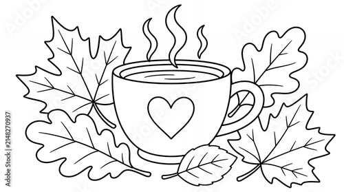 Autumn leaves and coffee cup coloring page