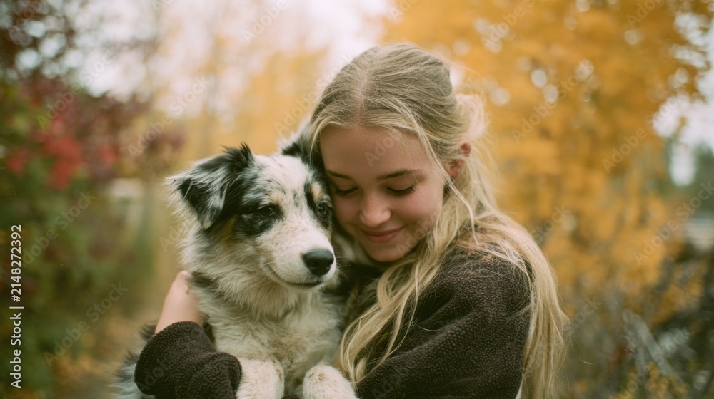 Obraz premium Girl hugging dog in autumn forest setting