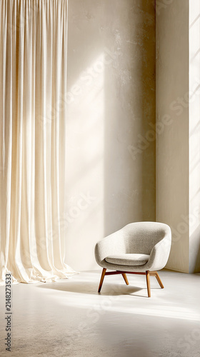 Sunlit Minimalist Interior with Beige Lounge Chair
