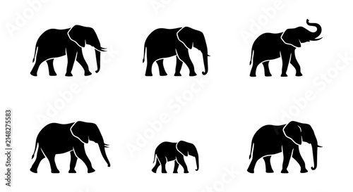 Bild auf Leinwand Elephant Silhouettes Collection, African Wildlife Icons, Majestic Mammal Vector