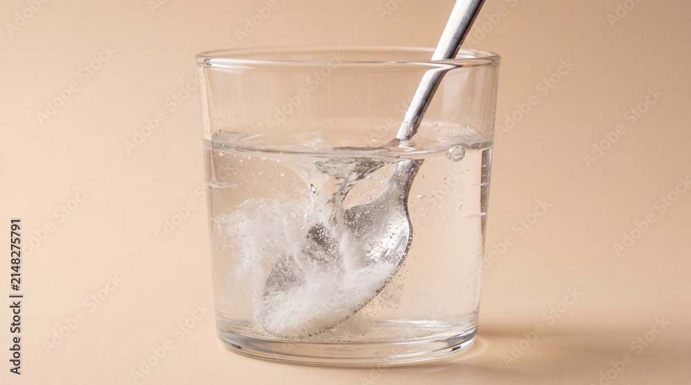 Fototapeta premium A close up view of a metal spoon stirring white powder into a clear glass of water, ad social media download thambnail poster web template event festival 2026 2027 2028