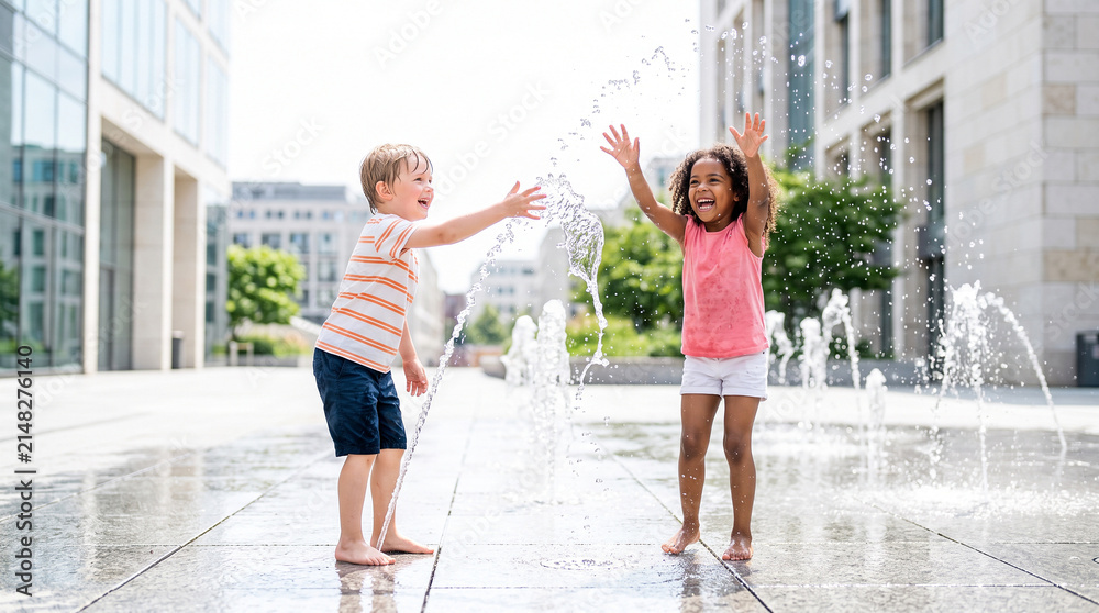 Fototapeta premium Two children laughing and playing in urban fountain during joyful summer city outing