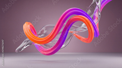 Abstract 3D rendering featuring a dynamic clear glass liquid splash beautifully intertwined with vibrant neon orange and purple spiraling tubes on a soft studio background.