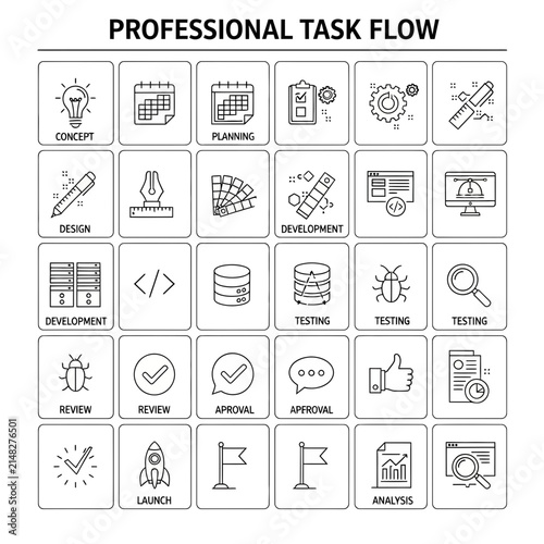 Professional Task Flow Icons: Concept to Launch and Analysis