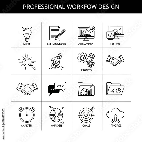 Professional Workflow Design Icons: Idea, Sketch, Development, Testing, Process, Goals