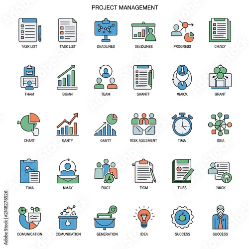 Project Management Icons Set: Task List, Gantt, Team, Success