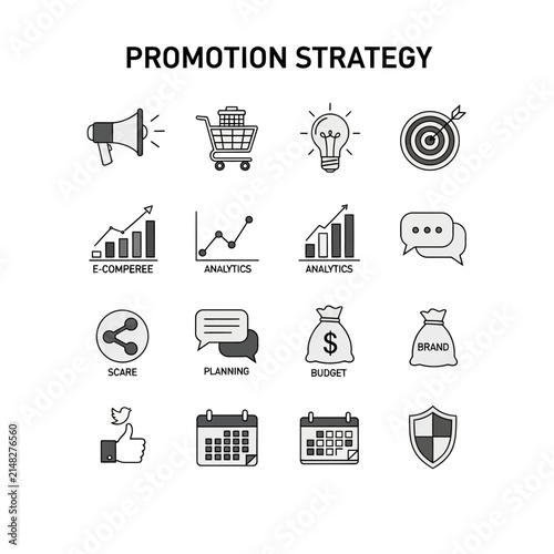 Promotion Strategy Icons: Marketing, Sales, Analytics, Budget, Brand